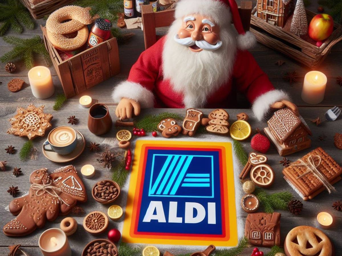 Aldi-Logo auf einem Tisch im Umfeld von Weihnachtsgebäck.