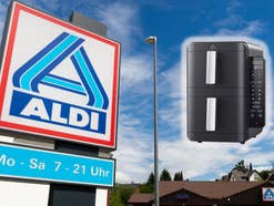 Ein Aldi-Nord-Schild vor einer Filiale und im Himmel schwebt eine Ambiano-Heißluftfritteuse