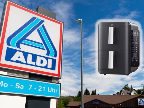 Ein Aldi-Nord-Schild vor einer Filiale und im Himmel schwebt eine Ambiano-Heißluftfritteuse