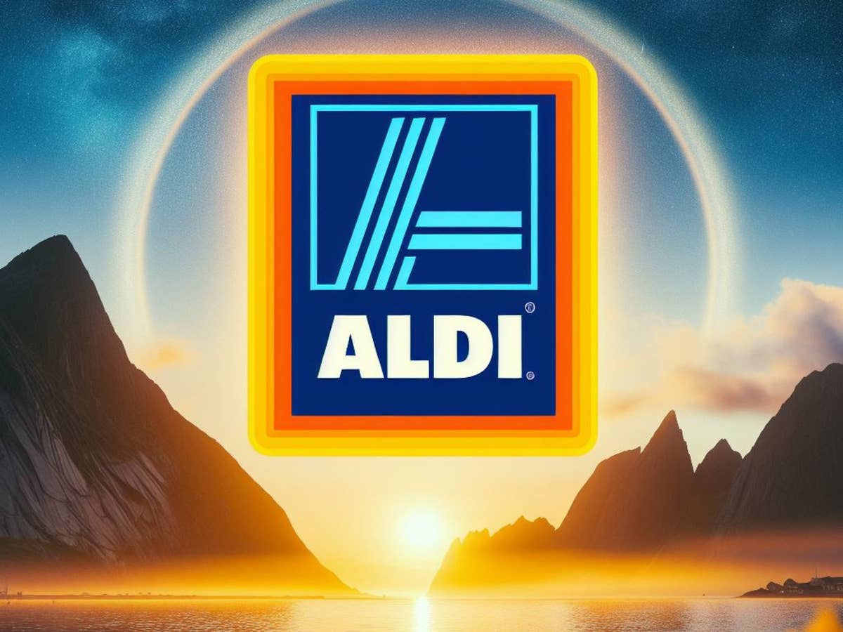 Aldi-Logo in einem Sonnenaufgang.