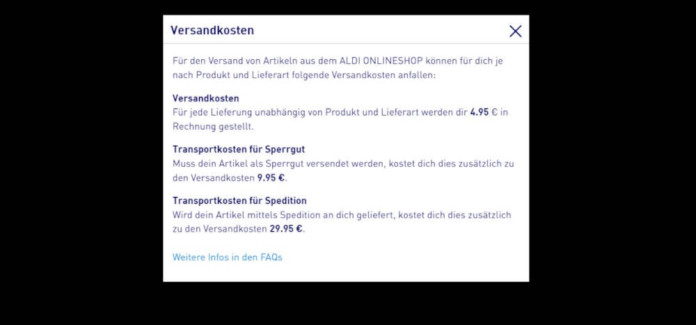 Hinweis auf Versandkosten im Aldi Onlineshop