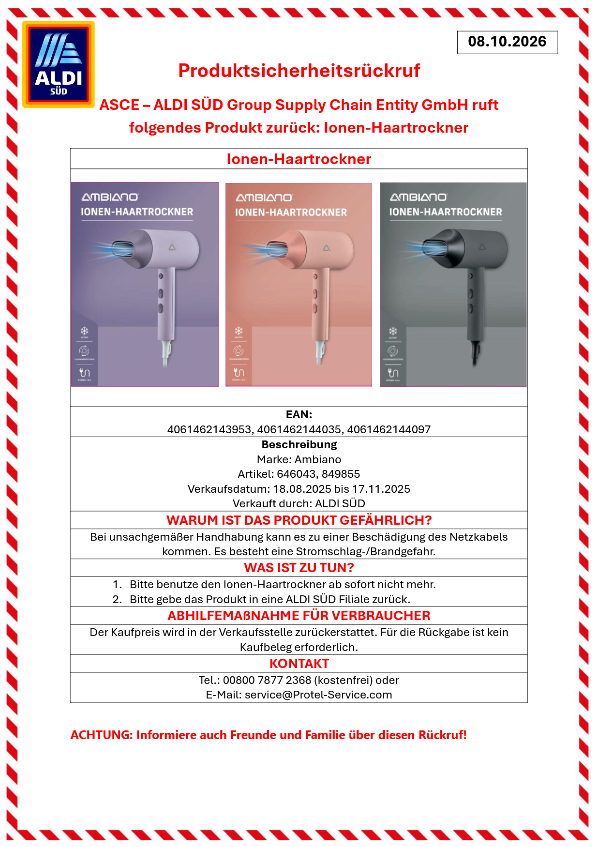 Aldi Rückruf zur Produktsicherheit, Infoblatt