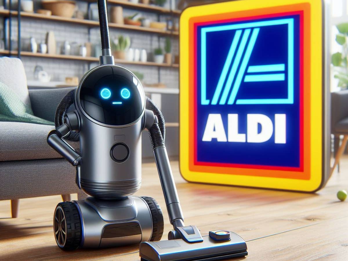 Aldi-Logo neben eine KI-generierten Saugroboter.