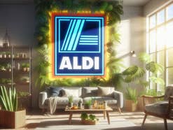 Aldi-Logo in einem Wohnzimmer mit Grünpflanzen.