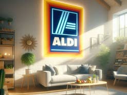 Aldi-Logo in einem Wohnzimmer mit Sonnenstrahlen.
