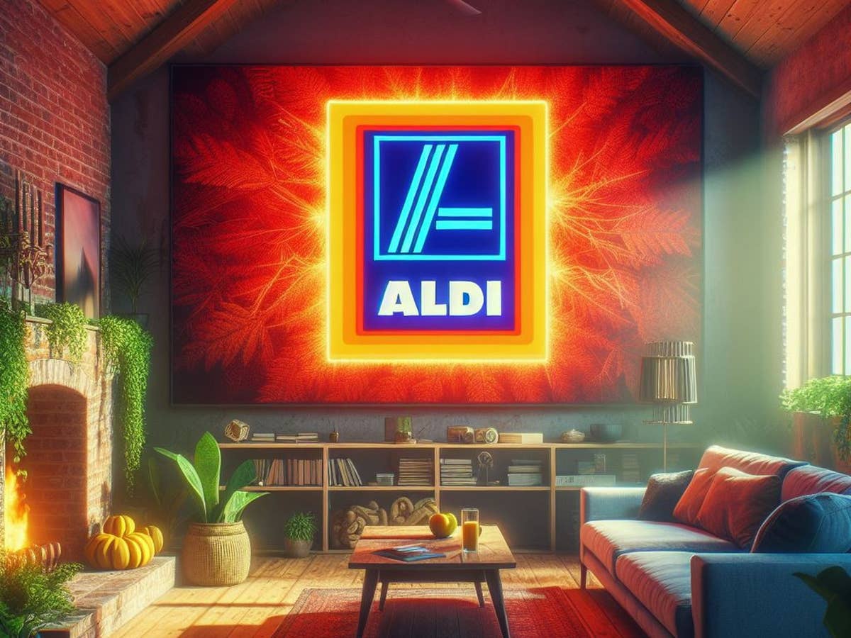 Fernseher in einem Wohnzimmer mit Logo von Aldi.