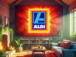 Fernseher in einem Wohnzimmer mit Logo von Aldi.
