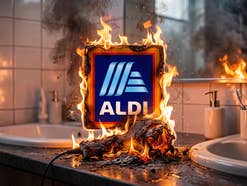 Badezimmer, geschmolzener Föhn, Aldi-Süd-Logo, Feuer und Rauch