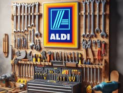 Logo von Aldi in einer Werkstatt zwischen Werkzeug.