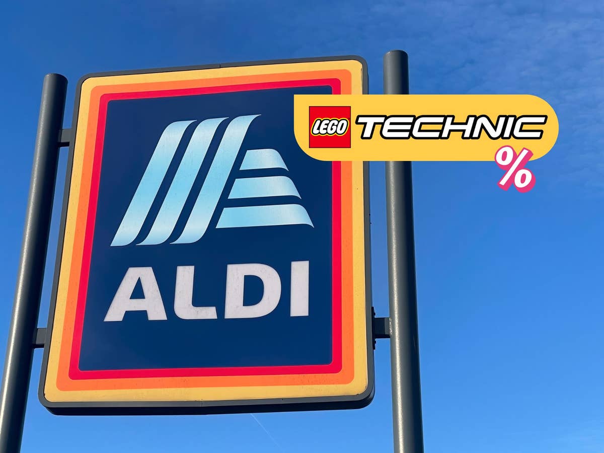 Aldi verkauft ab heute Lego Technic für unter 20 Euro Lego Technic Logo vor einem Aldi-Schild.