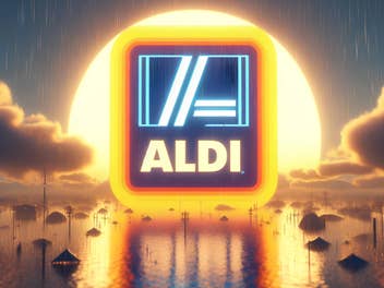 Aldi-Logo im Sonnenaufgang über Wasser bei Regen.