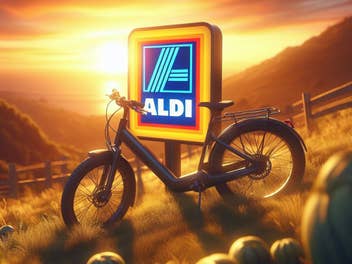 Fahrrad vor einem Aldi-Logo auf einer Alm im Sonnenuntergrang.