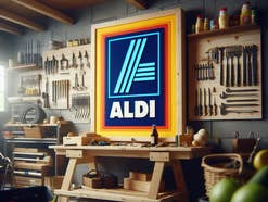 Aldi-Logo in einer Werkstatt im Umfeld von Werkzeug.