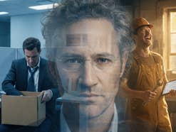 Ein Büroangestellter räumt links seinen Schreibtisch, während rechts ein Handwerker lacht. In der Mitte Alex Karps von Palantir