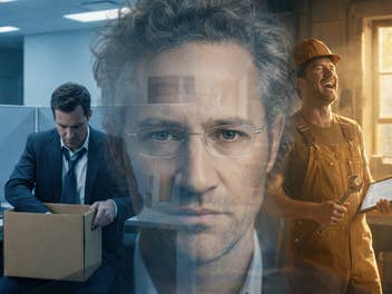 Ein Büroangestellter räumt links seinen Schreibtisch, während rechts ein Handwerker lacht. In der Mitte Alex Karps von Palantir