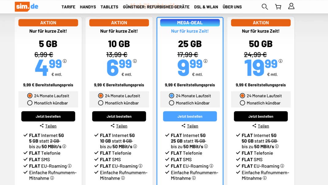 Tarife von sim.de im Überblick