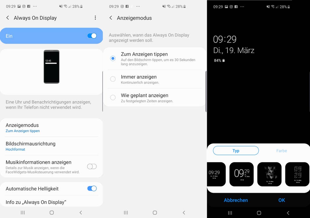 Screenshots des Always-On-Displays beim Samsung Galaxy S10