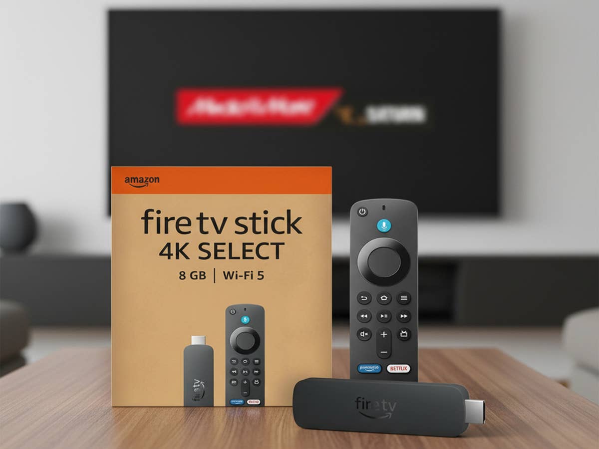 Der neue Amazon Fire TV Stick 4K Select steht auf einem Tisch in einem modernen Wohnzimmer. Im Hintergrund ist ein Fernseher zu erkennen, der das MediaMarkt/Saturn-Logo zeigt.
