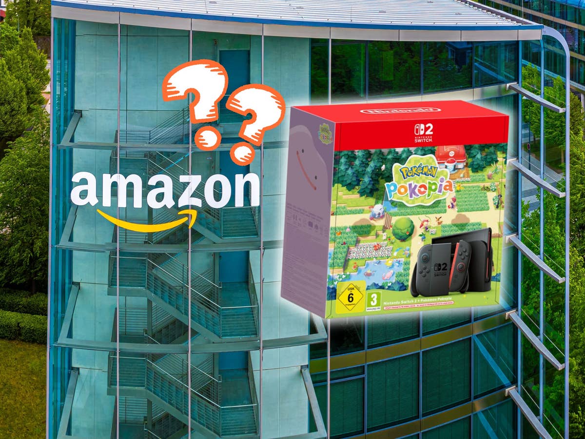 Nintendo Switch 2 im Pokémon Pokopia-Set: Solltest du das Bundle bei Amazon kaufen? Amazon-Gebäude im Hintergrund, davor die Nintendo Switch 2 im Pokémon Pokopia-Set