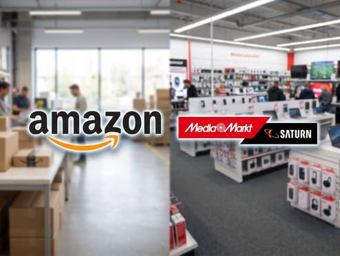 Links ein Amazon Lagerhaus mit dem Amazon-Logo davor, rechts ein MediaMarkt-Geschäft mit dem MediaMarkt-Logo davor