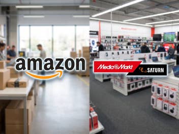 Links ein Amazon Lagerhaus mit dem Amazon-Logo davor, rechts ein MediaMarkt-Geschäft mit dem MediaMarkt-Logo davor