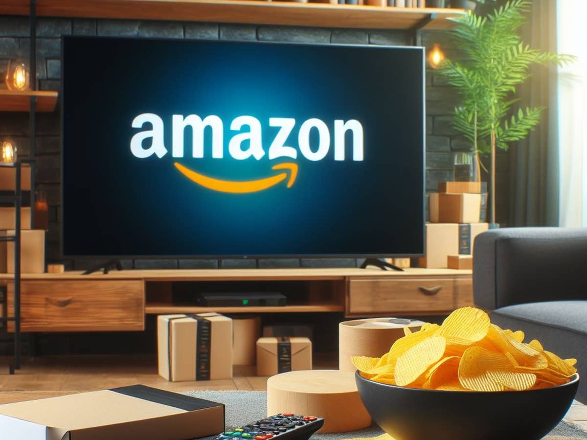 Amazon-Logo auf einem Fernseher in einem Wohnzimmer mit Chips auf einem kleinen Tisch.
