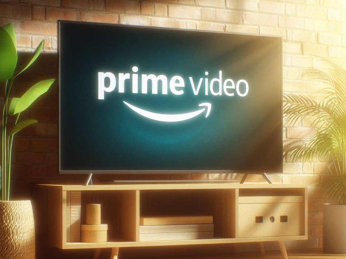Logo von Amazon Prime Video auf einem Fernseher in einem Wohnzimmer.