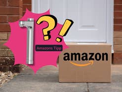Amazon Paket vor einer Haustür. Daneben ein Produkt, das aussieht wie ein Wasserhahn plus der Hinweis, dass es sich um Amazons Tipp handelt