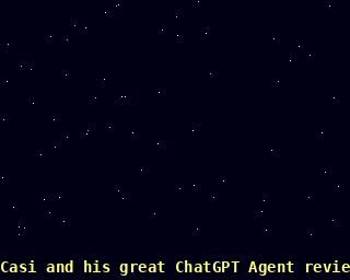 Eine dunkle Weltraumszene mit bunten Formen und dem Text 'Casi und seine großartige ChatGPT-Agentenbewertung.'