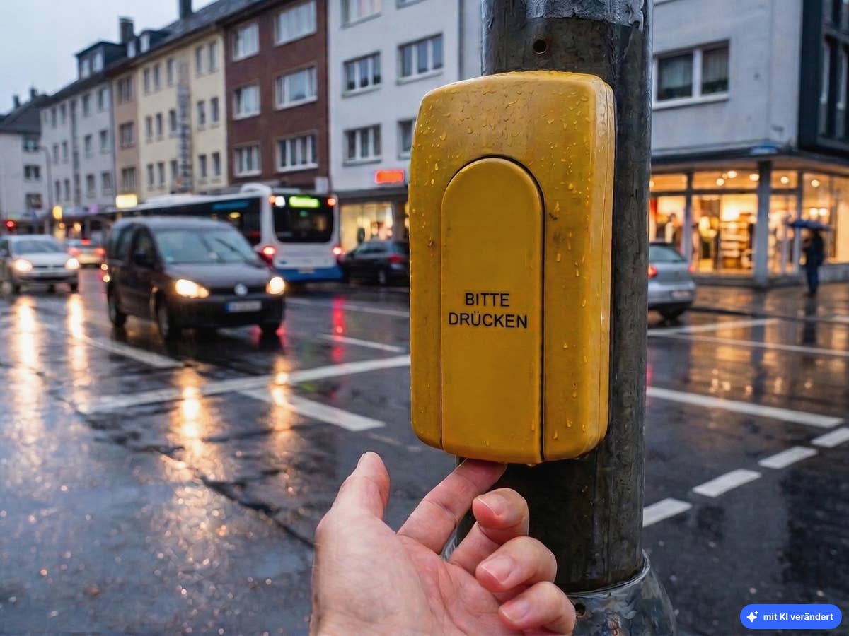 Unter der Ampelarmatur findest du einen versteckten Knopf Ampelarmatur vor einer Straße