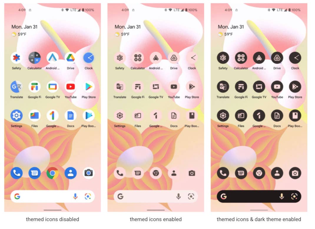 In Android 13 passen sich die Icons der Systemfarbe an