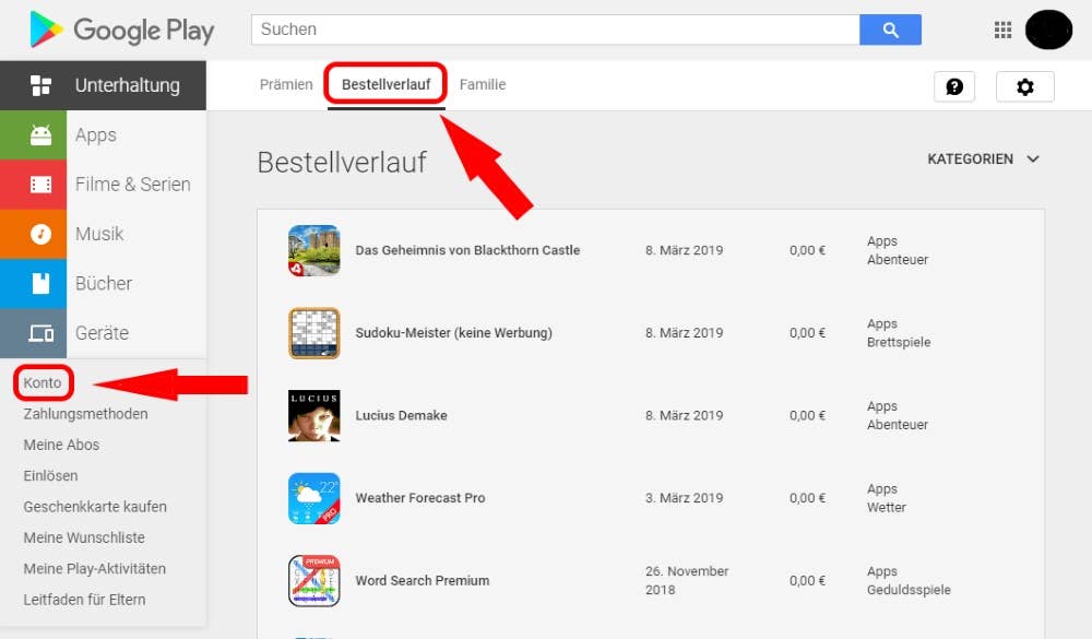 Bestellübersicht im Play Store.