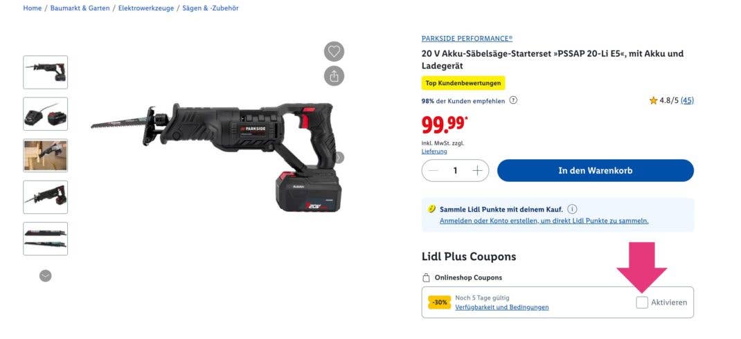 Angebot zum Parkside Performance 20 V Akku-Säbelsäge-Starterset mit Pfeil auf den anklickbaren 30-Prozent-Coupon
