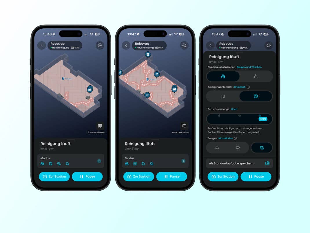 Screenshots der Reinigungseinstellungen aus der eufy-App