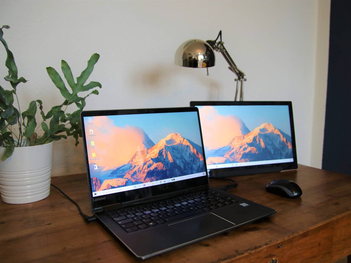 Der AOC I1601P neben einem Laptop auf einem braunen Holztisch; im Hintergrund eine Pflanze und eine Lampe