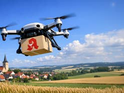 Drohne mit Paket fliegt über Land. Auf dem Paekt sieht man das Apotheken-A.