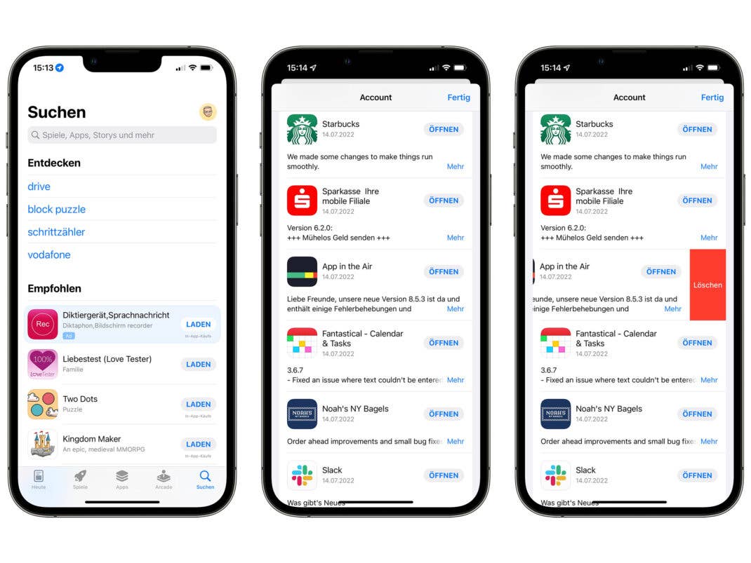 Screenshots vom App Store, ein Wisch über eine App nach links, erlaubt eine schnelle Deinstallation