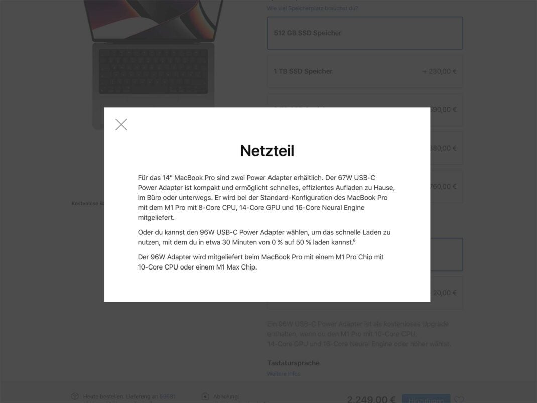 Screenshot vom Apple Store auf dem Details zum Netzteil des neuen MacBook Pro genannt werden