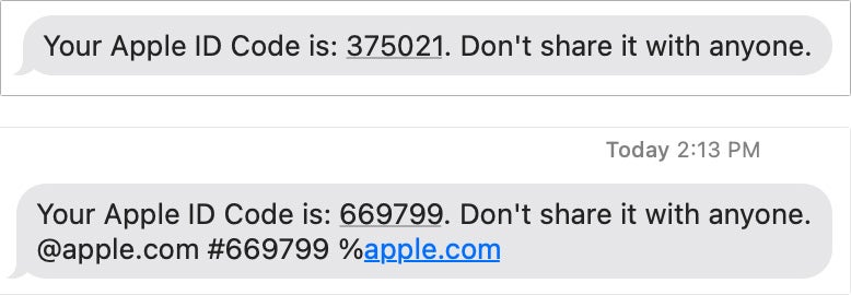 Screenshots von Apples alten und neuen 2FA-SMS