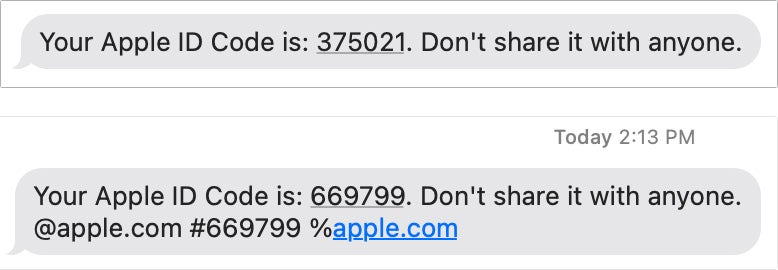 Screenshots von Apples alten und neuen 2FA-SMS