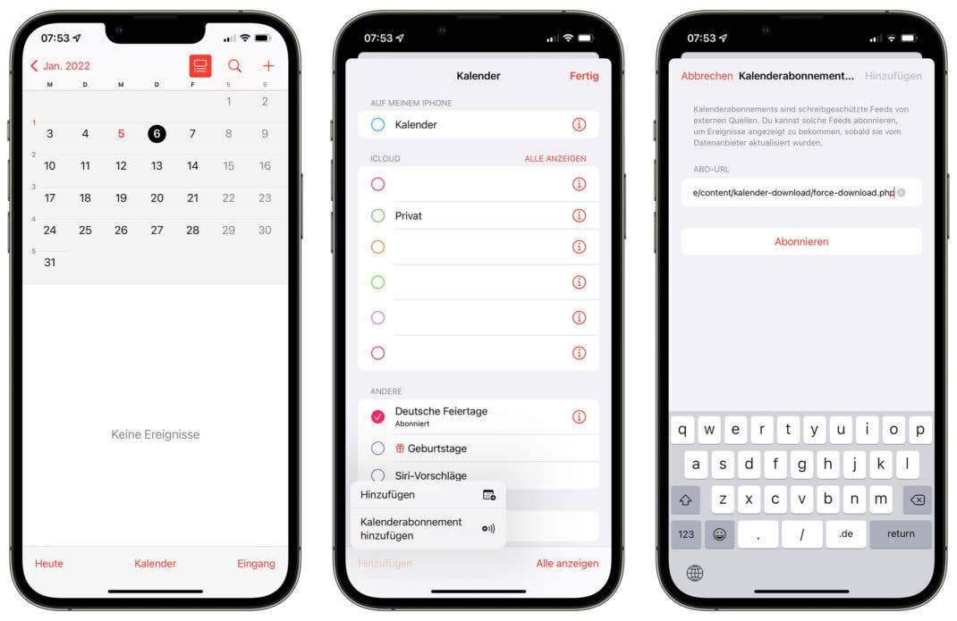Screenshots für das Hinzufügen eines abonnierten Kalenders auf einem iPhone
