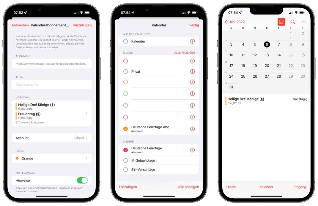 Screenshots für das Hinzufügen eines abonnierten Kalenders auf einem iPhone