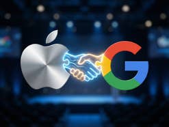 Das Apple-Logo und das Google-Logo reichen sich die Hand.