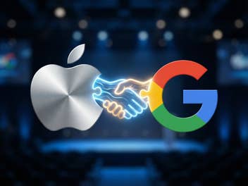 Das Apple-Logo und das Google-Logo reichen sich die Hand.