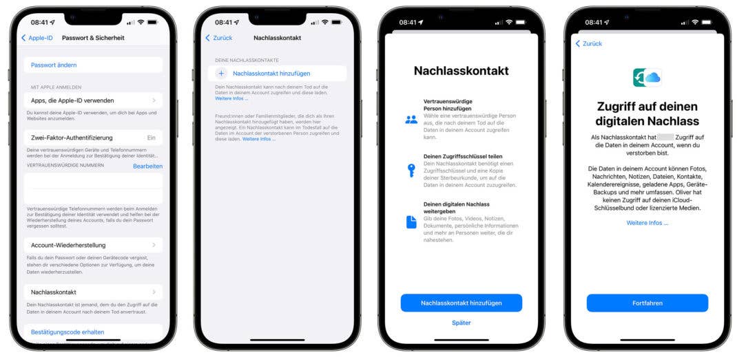 Screenshots der neuen Nachlasskontakt-Funktion in iOS 15.2 Beta 2