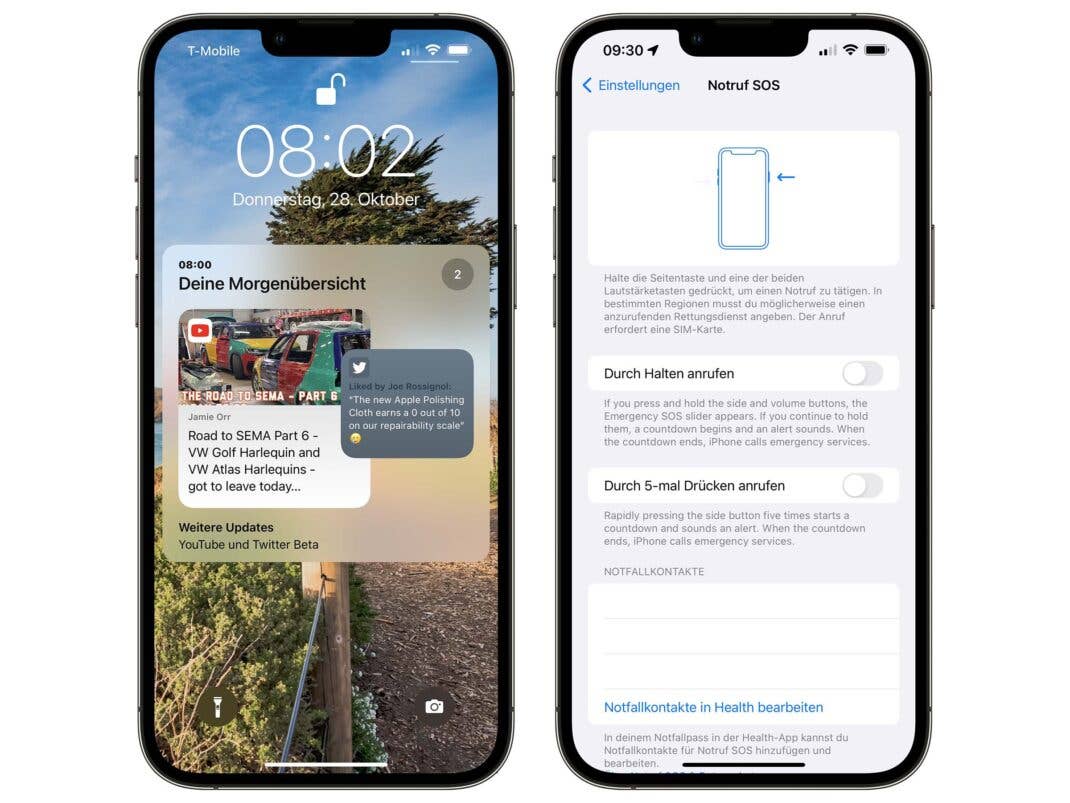 Screenshots der Nachrichtenzusammenfassungen und Notruf SOS in iOS 15.2 Beta 1