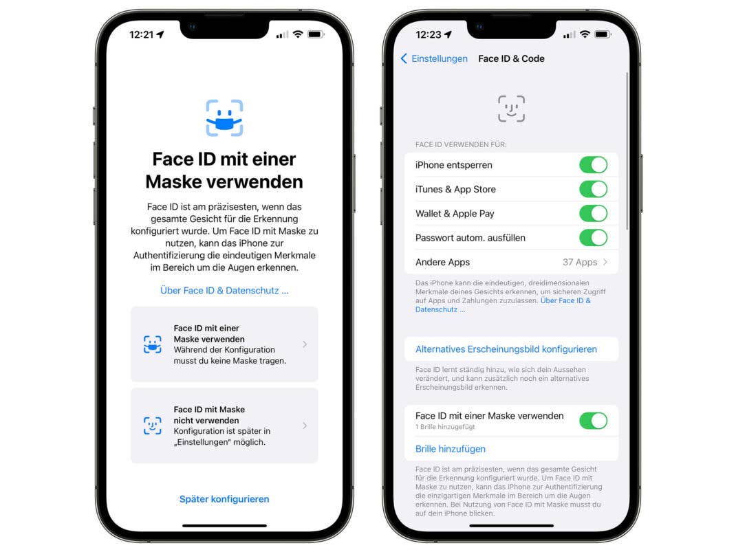 Die Einstellungen für Face ID mit Maske in iOS 15.4 Beta 1