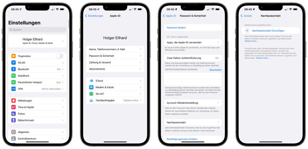 Screenshots von iOS 15.2 Beta 3 zur Einrichtung eines Nachlasskontakts