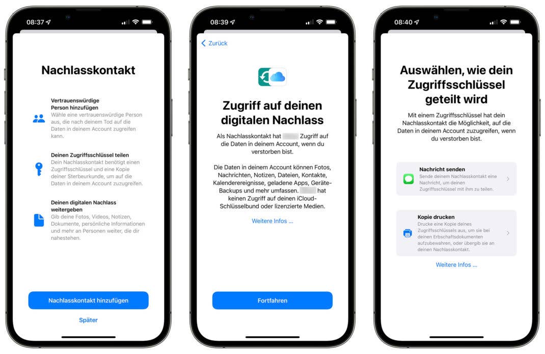 Screenshots von iOS 15.2 Beta 3 zur Einrichtung eines Nachlasskontakts