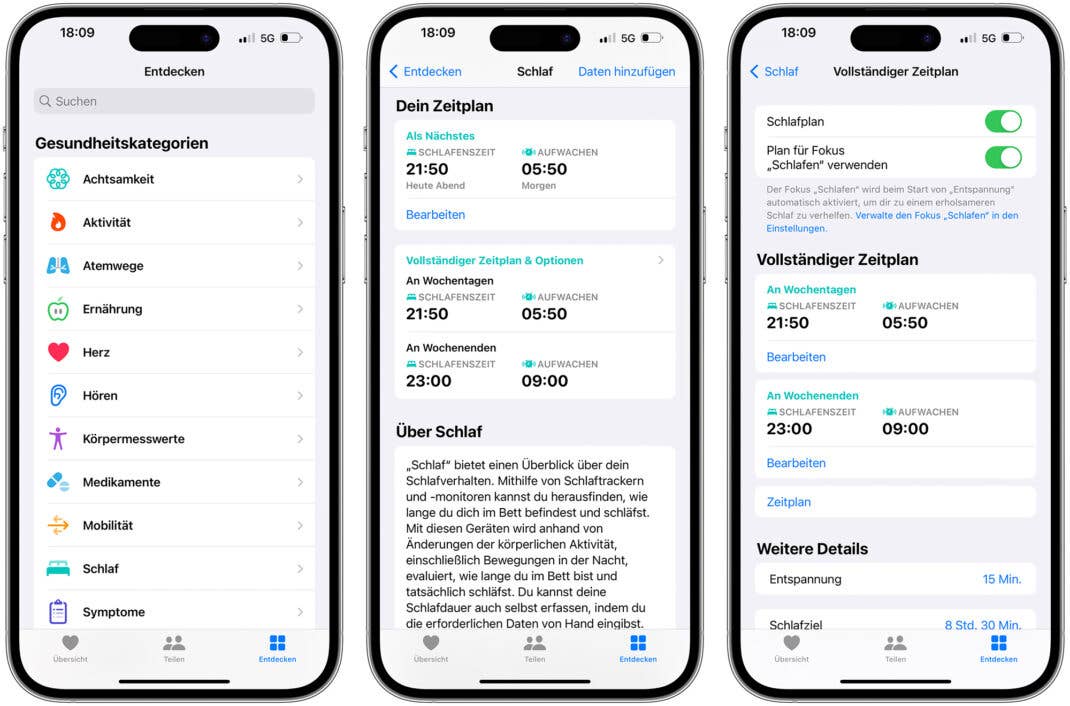 Drei Screenshots der Health-App auf dem iPhone mit Einstellungen für den Schlaf-Zeitplan